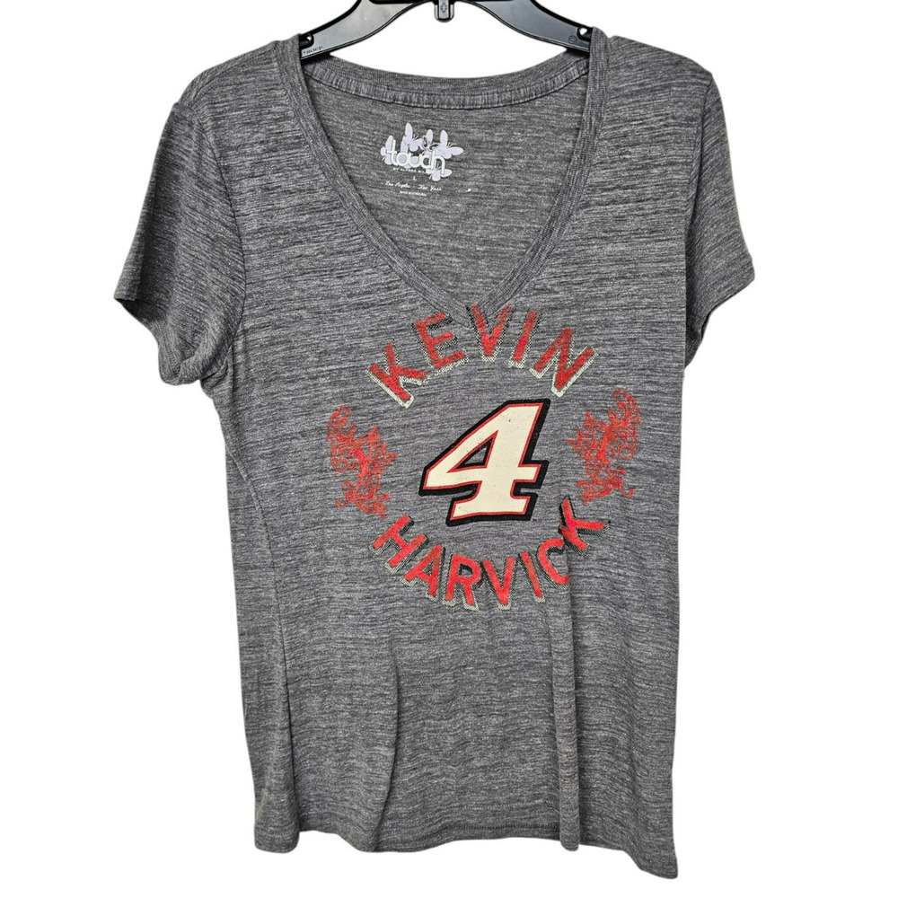 Kevin Harvick #4 V Neck Womens T Shirt Racing Gray Red Distressed Graphic NASCAR